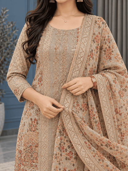 Beige Unstitched Multicoloured Embroidery And Mirror-Sequin Textured Chiffon Suit Set With Dupatta