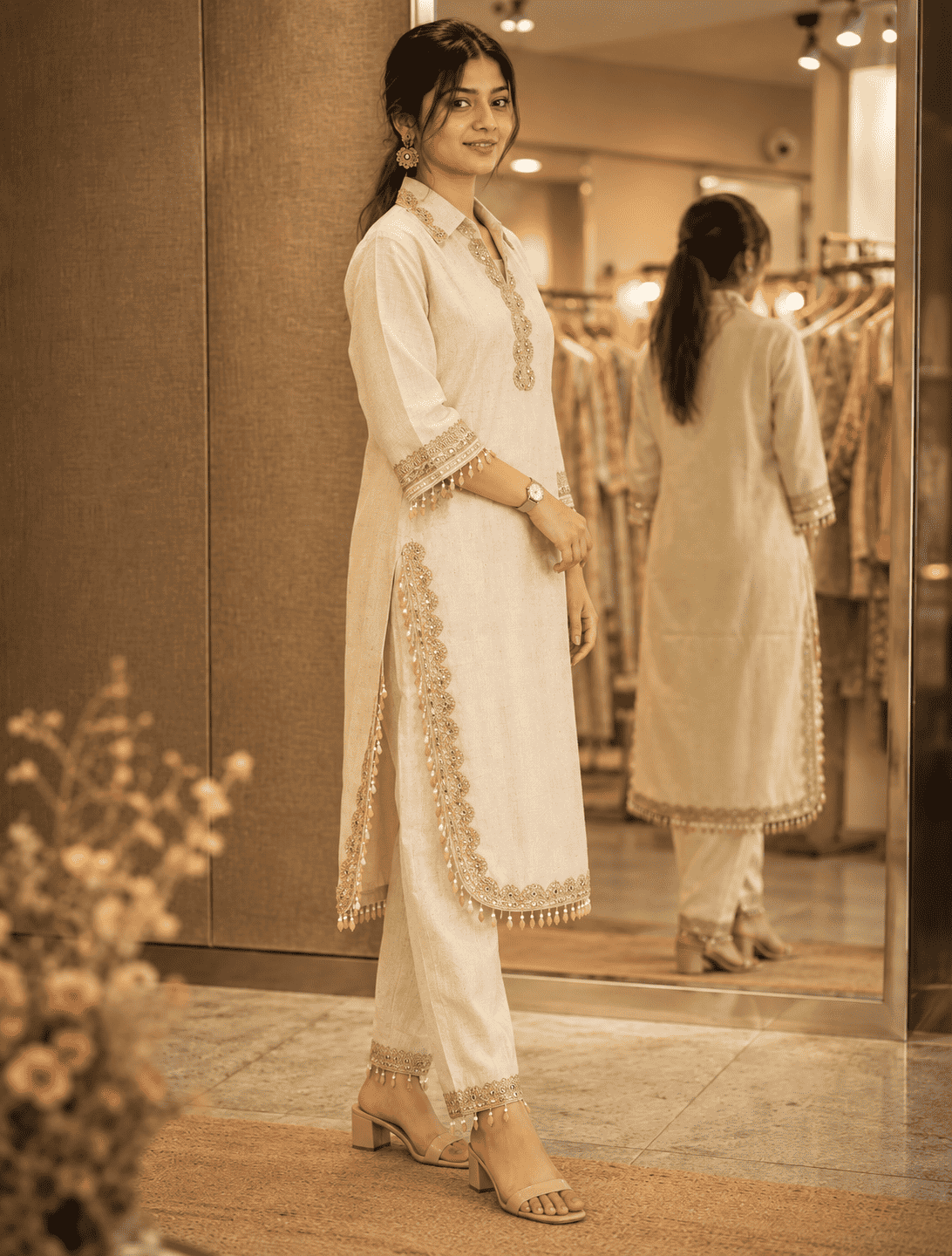 Ivory Khadi Cotton Embroidered Kurta Pant Set