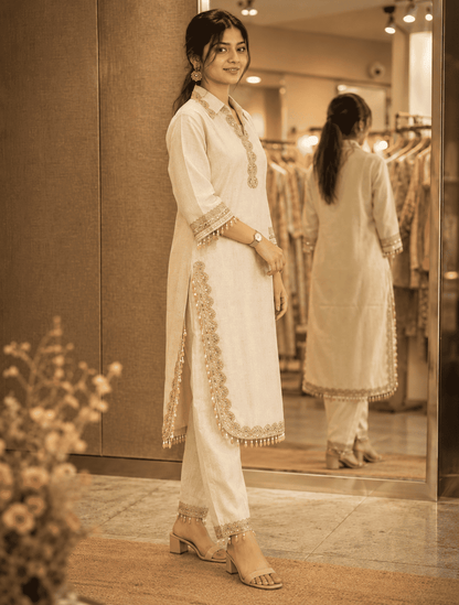 Ivory Khadi Cotton Embroidered Kurta Pant Set