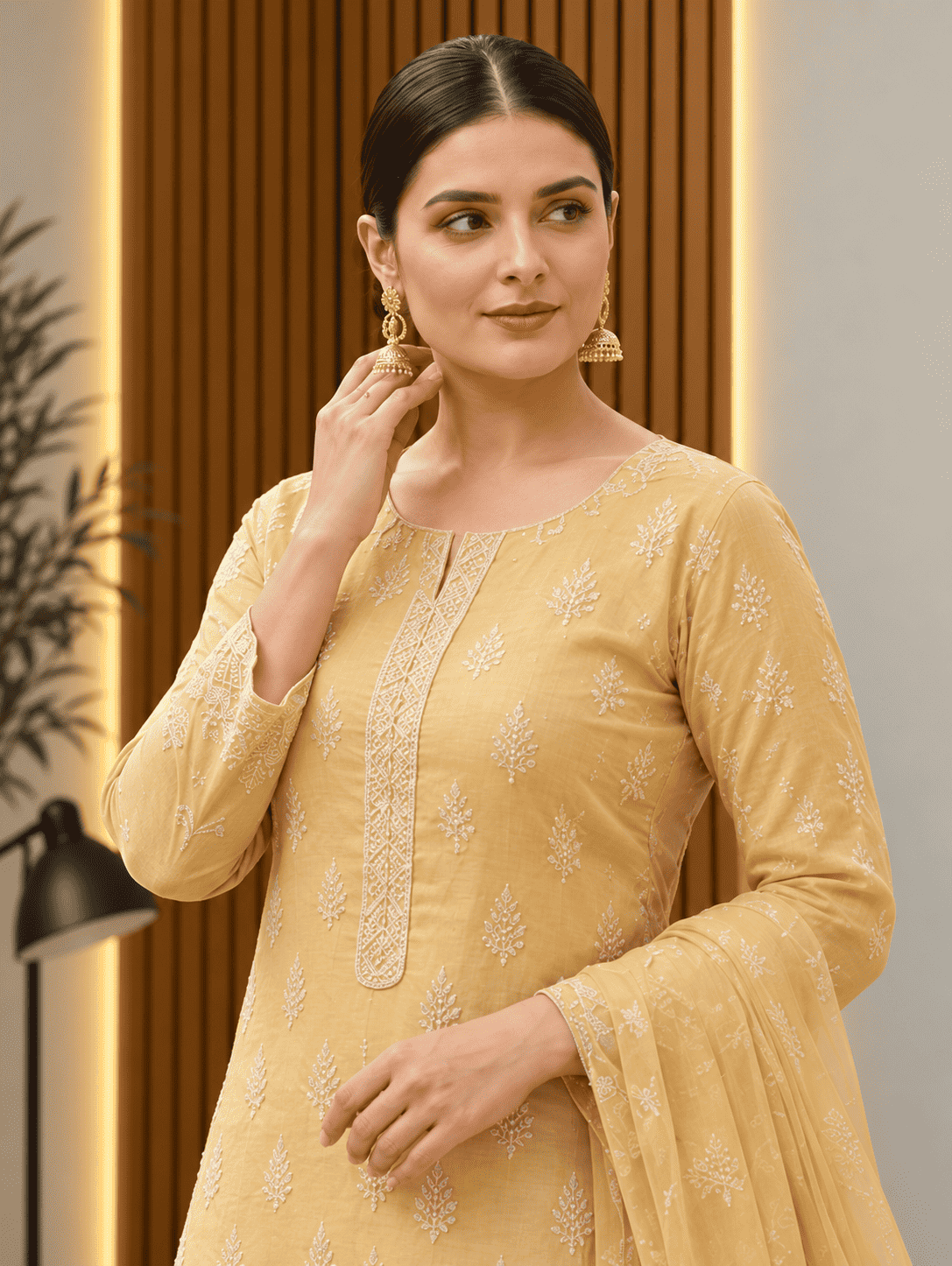 Semi-Stitched Muted Olive-Beige Chiffon Suit With Delicate Ivory Sequin Leaf Embroidery