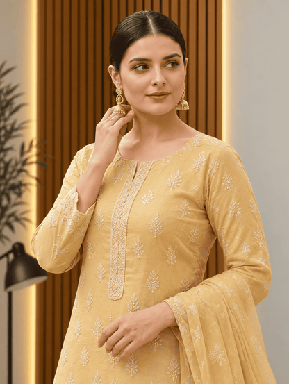 Semi-Stitched Muted Olive-Beige Chiffon Suit With Delicate Ivory Sequin Leaf Embroidery