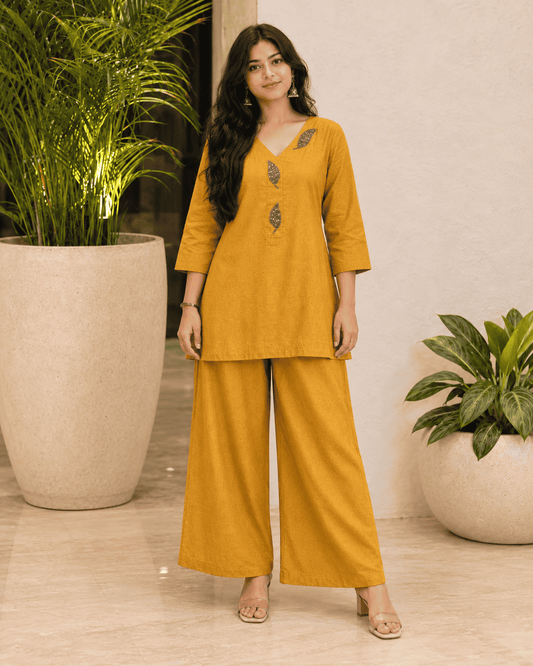 Mustard Embroidered Dola Silk Kurta Pant Set