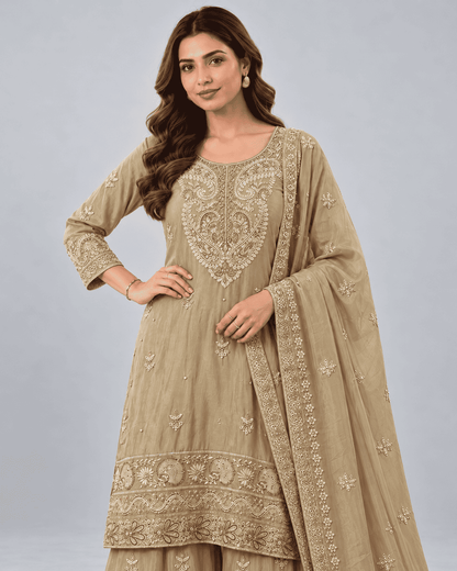 Golden Beige Embroidered Chinon Kurta Gharara and Dupatta Set