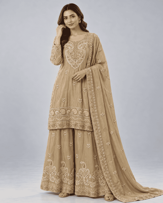 Golden Beige Embroidered Chinon Kurta Gharara and Dupatta Set