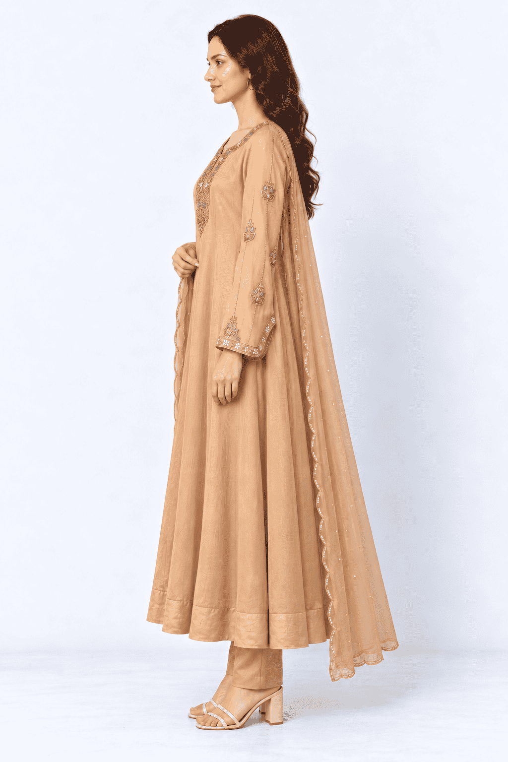 Rose Gold Embroidered Chinon Anarkali Kurta and Pant with Dupatta