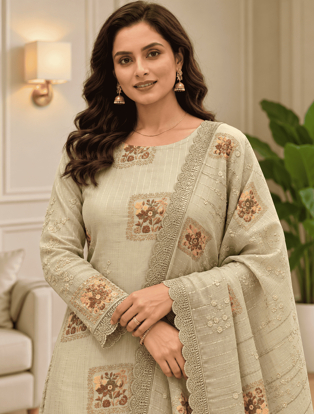 Unstitched Soft Sage Green Organza Suit With Subtle Vertical Thread Embroidery Detailing