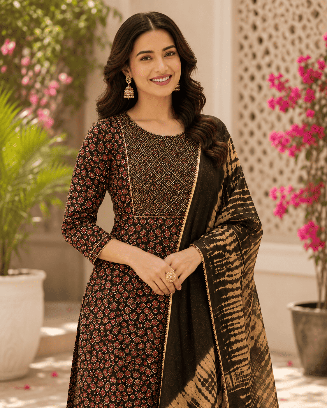 Black Printed Cotton Kurta Set With Tie And Dye Dupatta