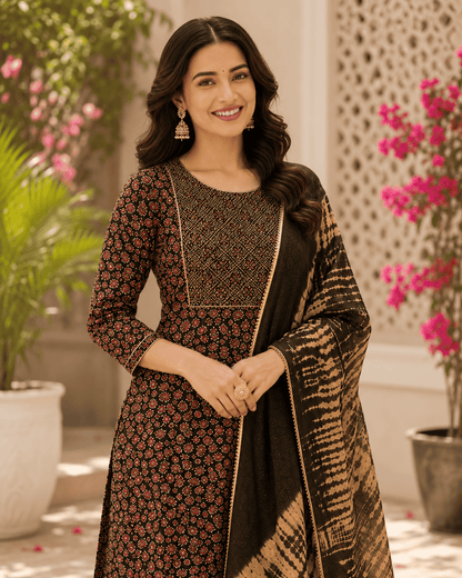 Black Printed Cotton Kurta Set With Tie And Dye Dupatta