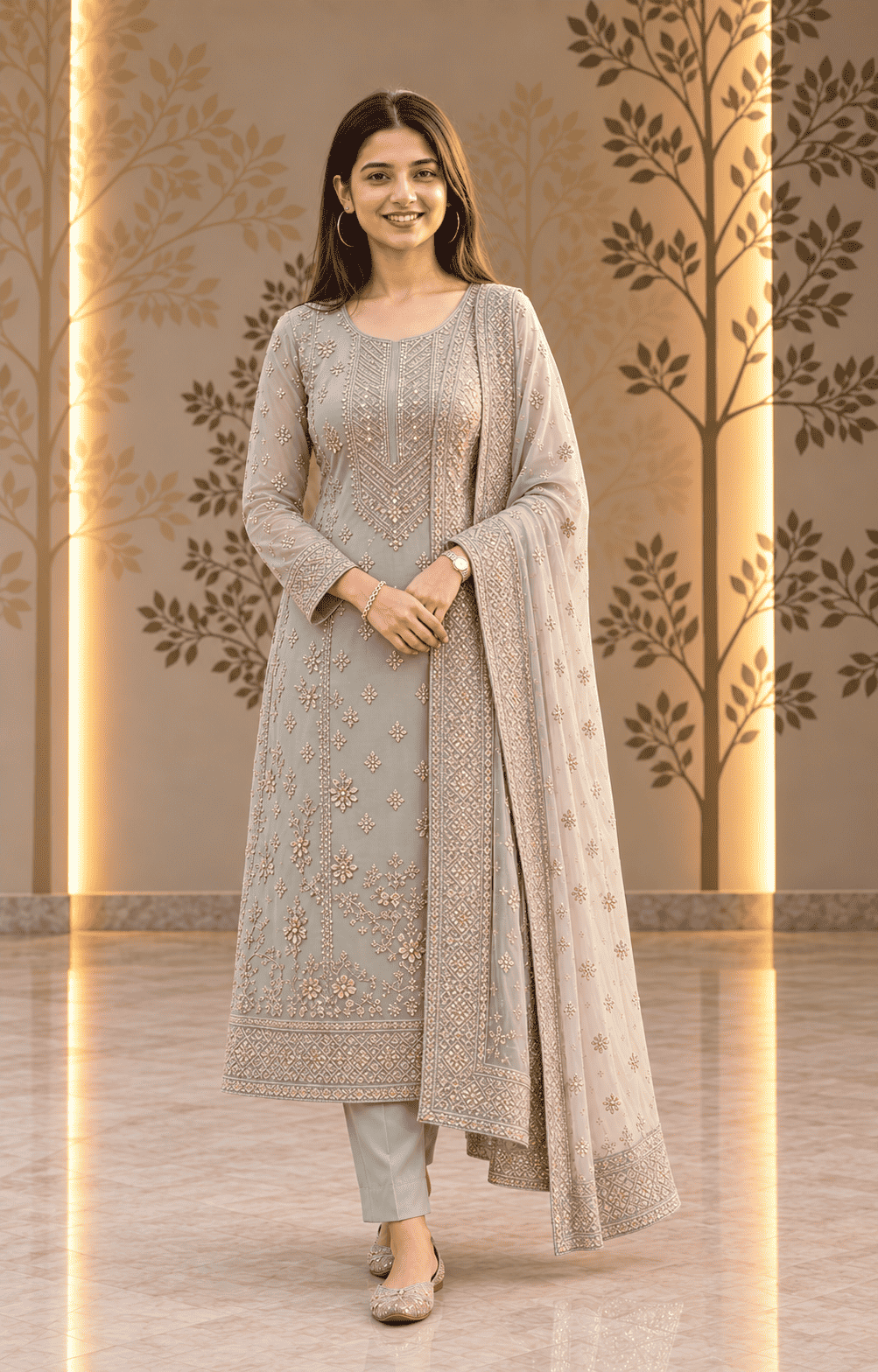 Semi Stitched Soft Chiffon Light Green With Sequin Embroidery Suit Material