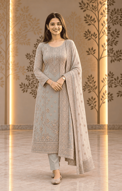 Semi Stitched Soft Chiffon Light Green With Sequin Embroidery Suit Material