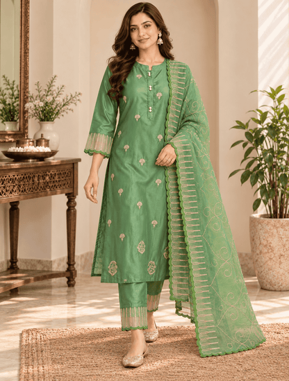 Green Silk Blend Embroidered Kurta Pant and Dupatta Set