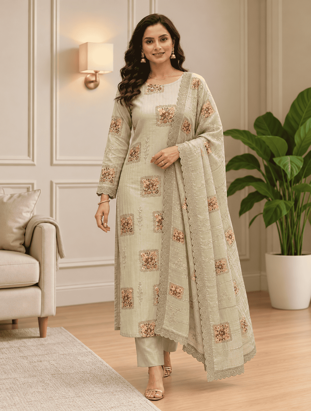 Unstitched Soft Sage Green Organza Suit With Subtle Vertical Thread Embroidery Detailing