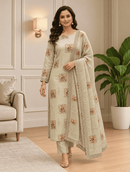 Unstitched Soft Sage Green Organza Suit With Subtle Vertical Thread Embroidery Detailing