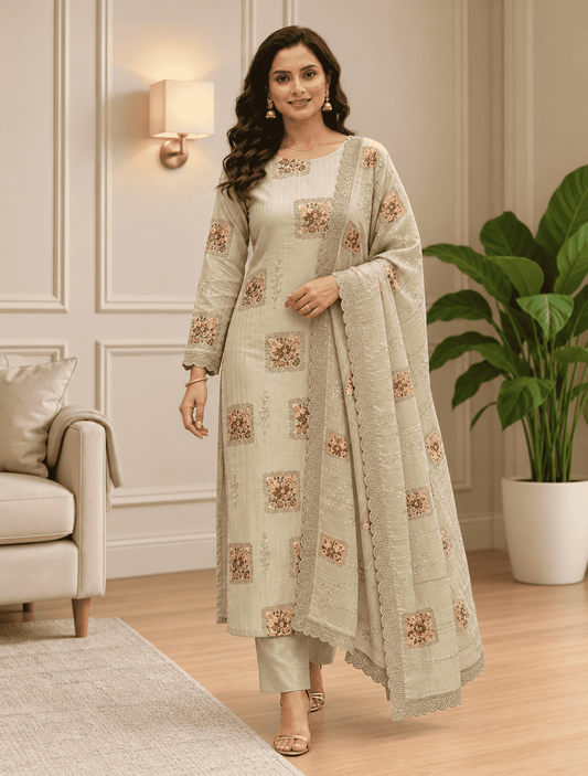 Unstitched Soft Sage Green Organza Suit With Subtle Vertical Thread Embroidery Detailing