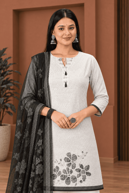 Unstitched sage grey cotton floral printed suit set with charcoal black dupatta