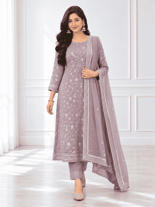 Unstitched Lavender Georgette With Sequin Embroidered Suit Material