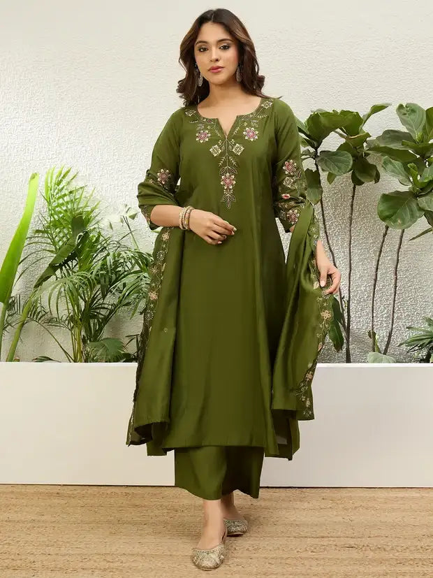 Mehendi Green Silk Blend Embroidered Kurta and Pant with Dupatta