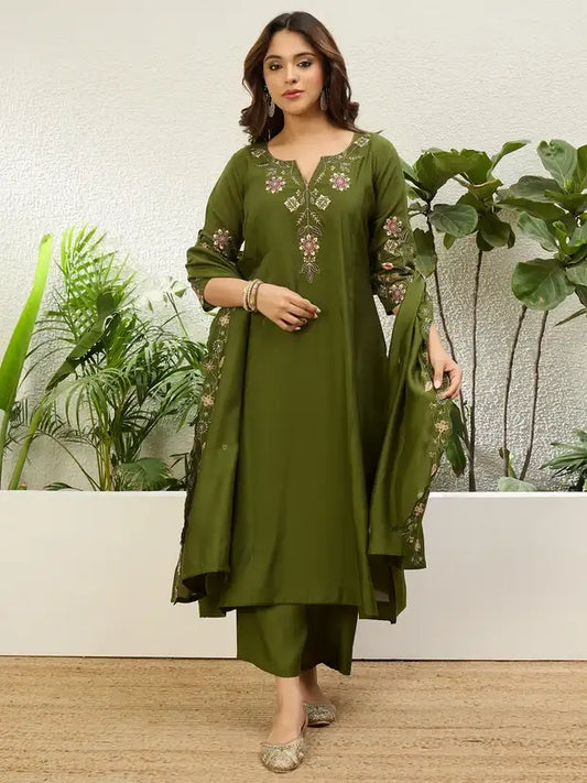 Mehendi Green Silk Blend Embroidered Kurta and Pant with Dupatta