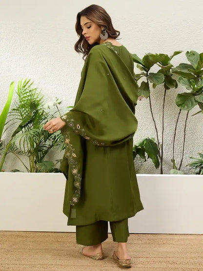 Mehendi Green Silk Blend Embroidered Kurta and Pant with Dupatta