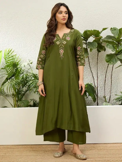 Mehendi Green Silk Blend Embroidered Kurta and Pant with Dupatta
