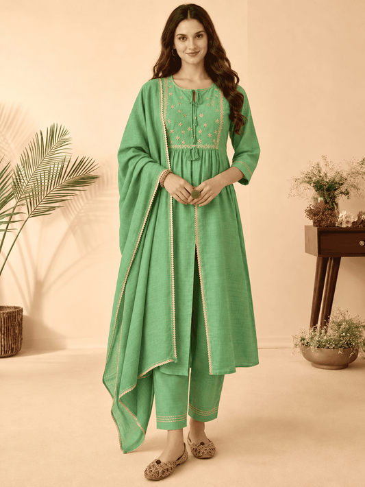 Kota doria green kurta pant set with dupatta