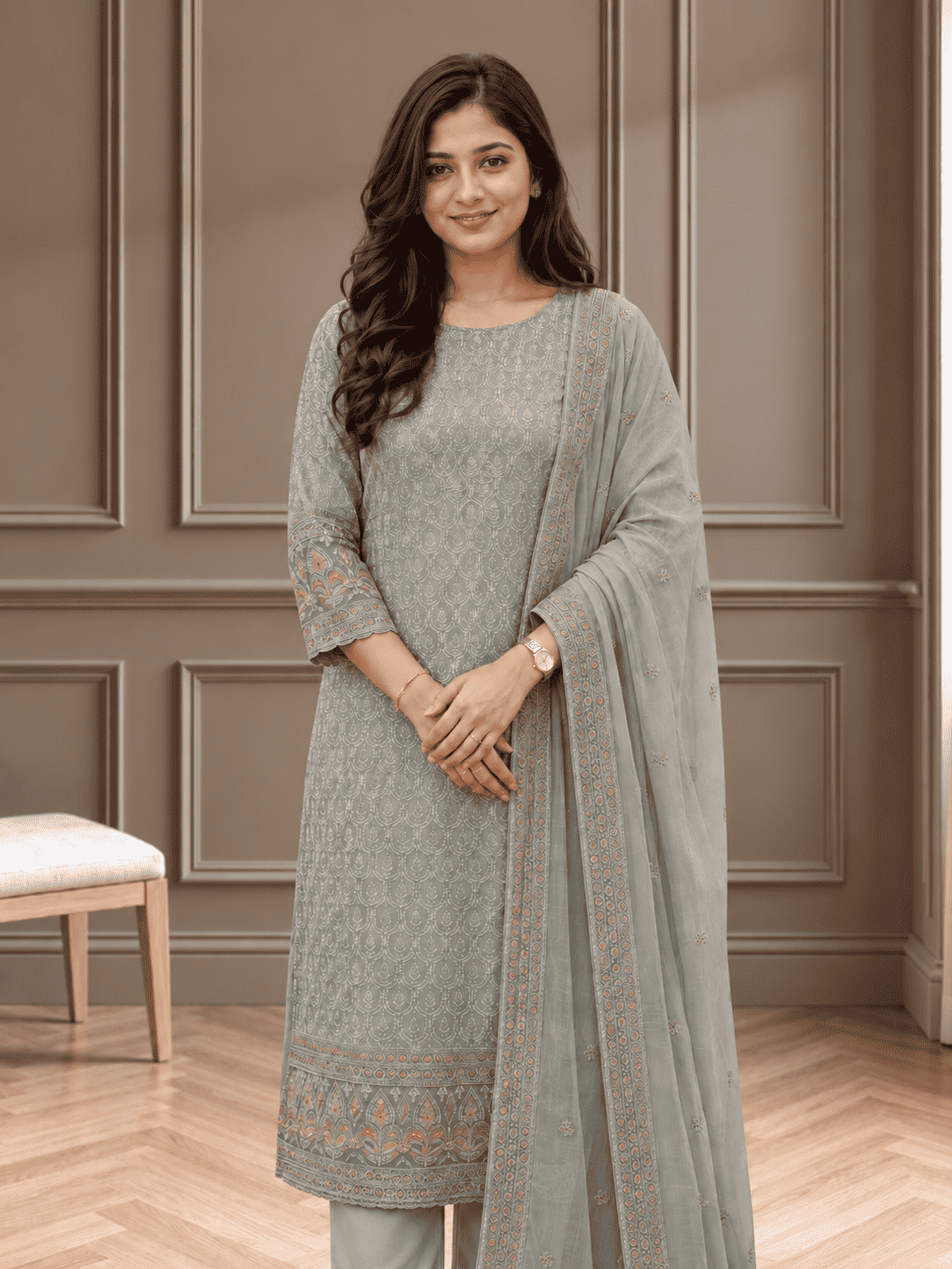 Unstitched Soft Dove-Grey Georgette Suit With Ivory Thread Embroidery And Subtle Sequin Highlights