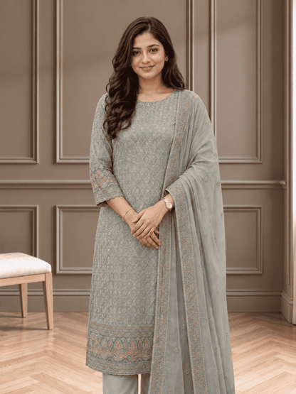 Unstitched Soft Dove-Grey Georgette Suit With Ivory Thread Embroidery And Subtle Sequin Highlights
