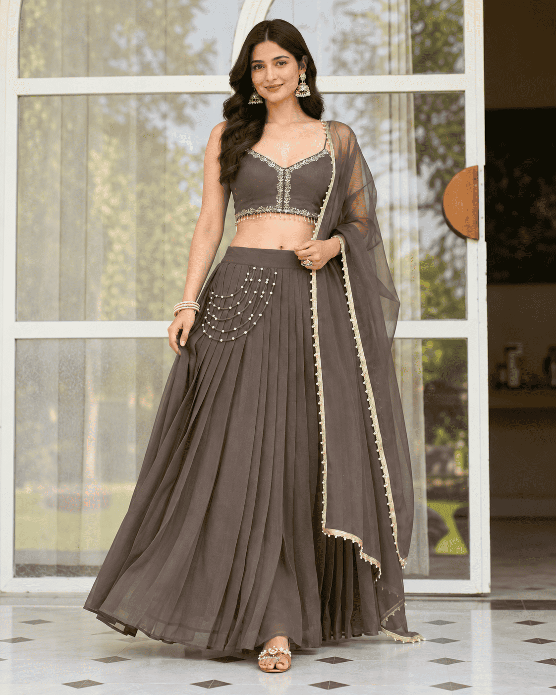 Dark Grey Shimmer Organza Blouse and Pleated Lehenga with Dupatta