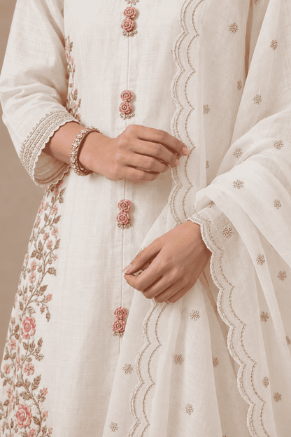 Ivory malmal blend kurta pant set with embroidered chiffon dupatta