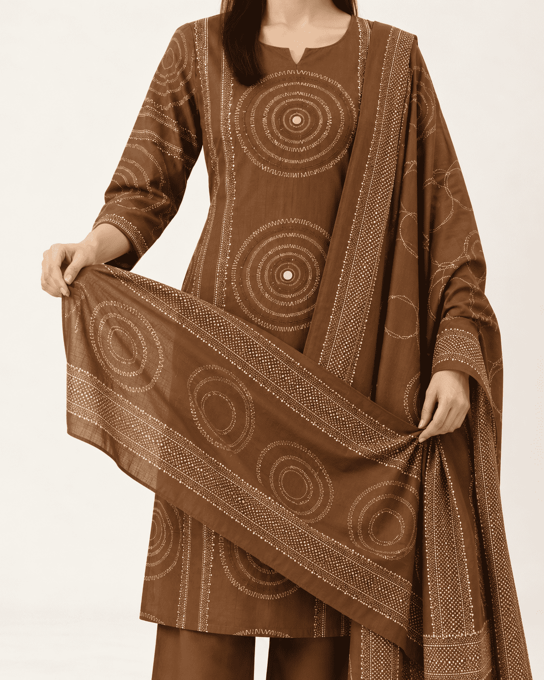Brown Printed Cotton Kurta and pant with dupatta