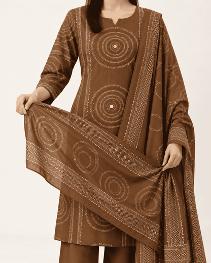 Brown Printed Cotton Kurta and pant with dupatta