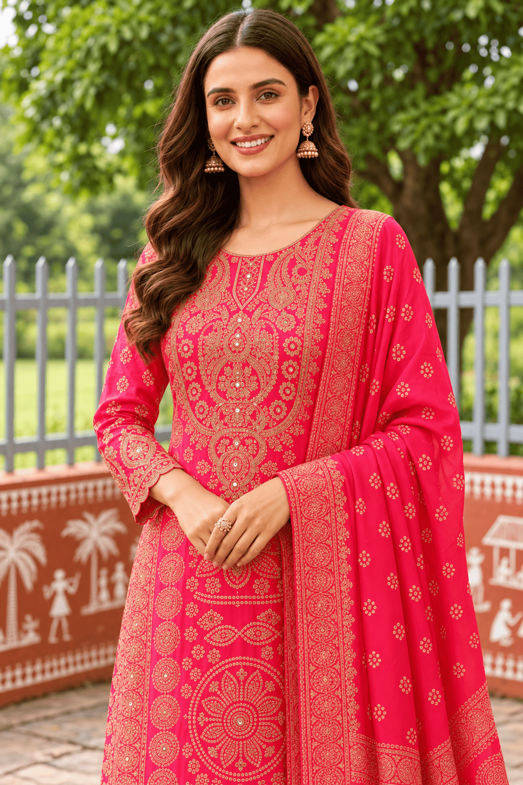 Hot Pink Embroidered Chinon Bandhani Kurta Set With A Vibrant Dupatta
