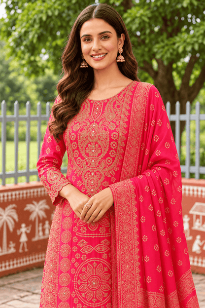 Hot Pink Embroidered Chinon Bandhani Kurta Set With A Vibrant Dupatta