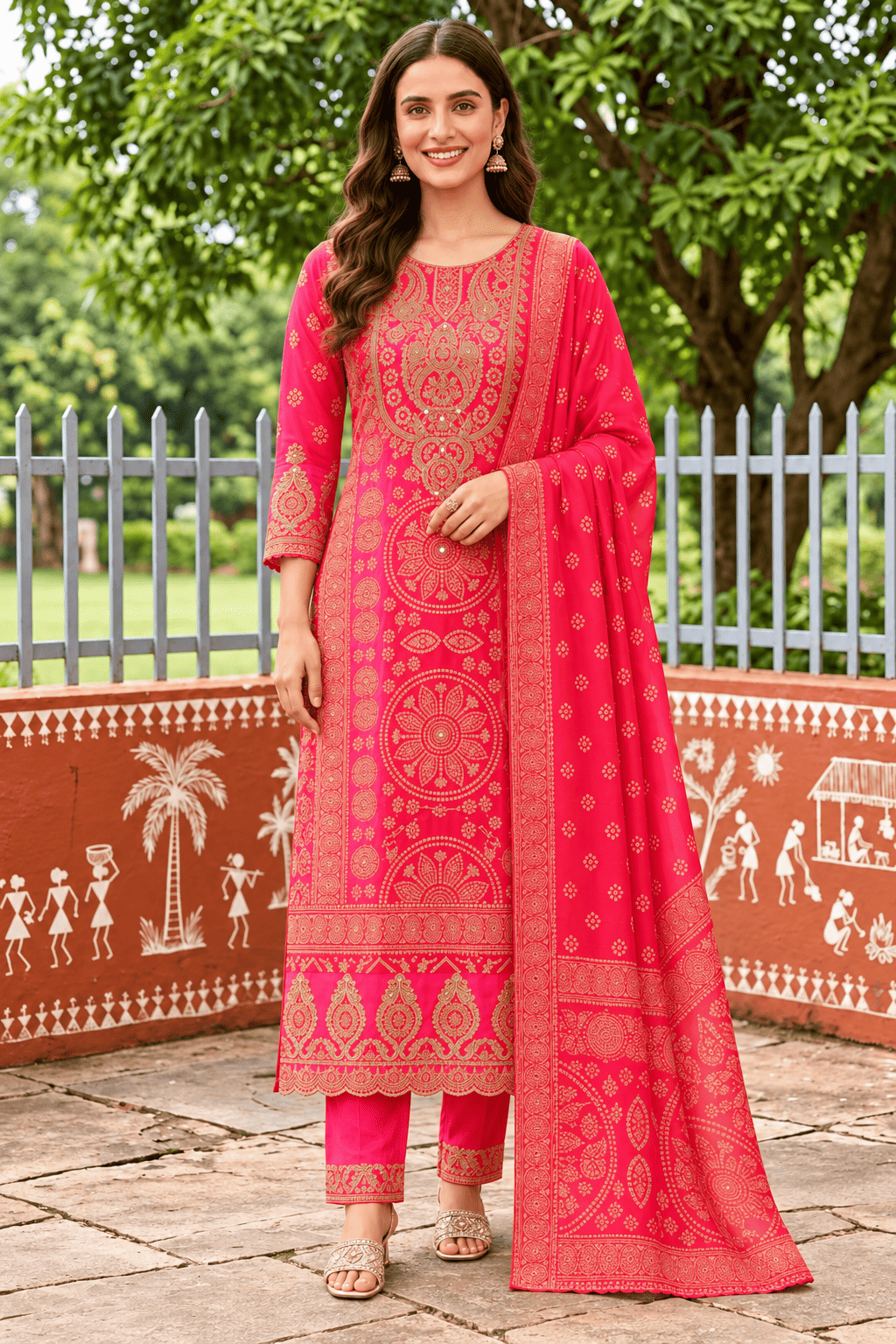 Hot Pink Embroidered Chinon Bandhani Kurta Set With A Vibrant Dupatta