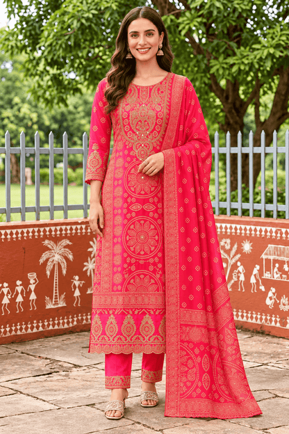 Hot Pink Embroidered Chinon Bandhani Kurta Set With A Vibrant Dupatta