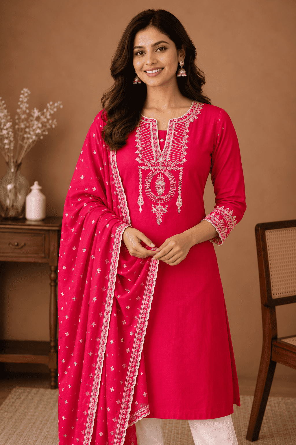 Hot pink cotton  embroidered kurta pant set with dupatta