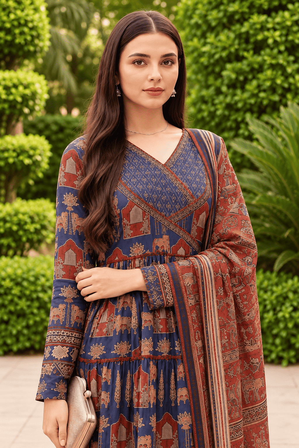 Indigo Blue & Rust Red Anarkali Ajrakh Cotton Kurta Set Paired With Dupatta