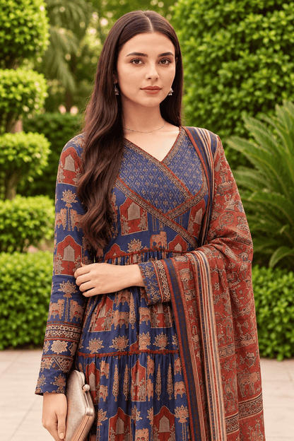 Indigo Blue & Rust Red Anarkali Ajrakh Cotton Kurta Set Paired With Dupatta