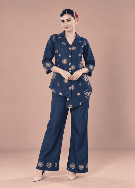 Navy Blue Embroidered Denim Co-ord Set