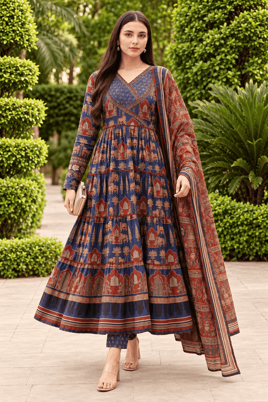 Indigo Blue & Rust Red Anarkali Ajrakh Cotton Kurta Set Paired With Dupatta