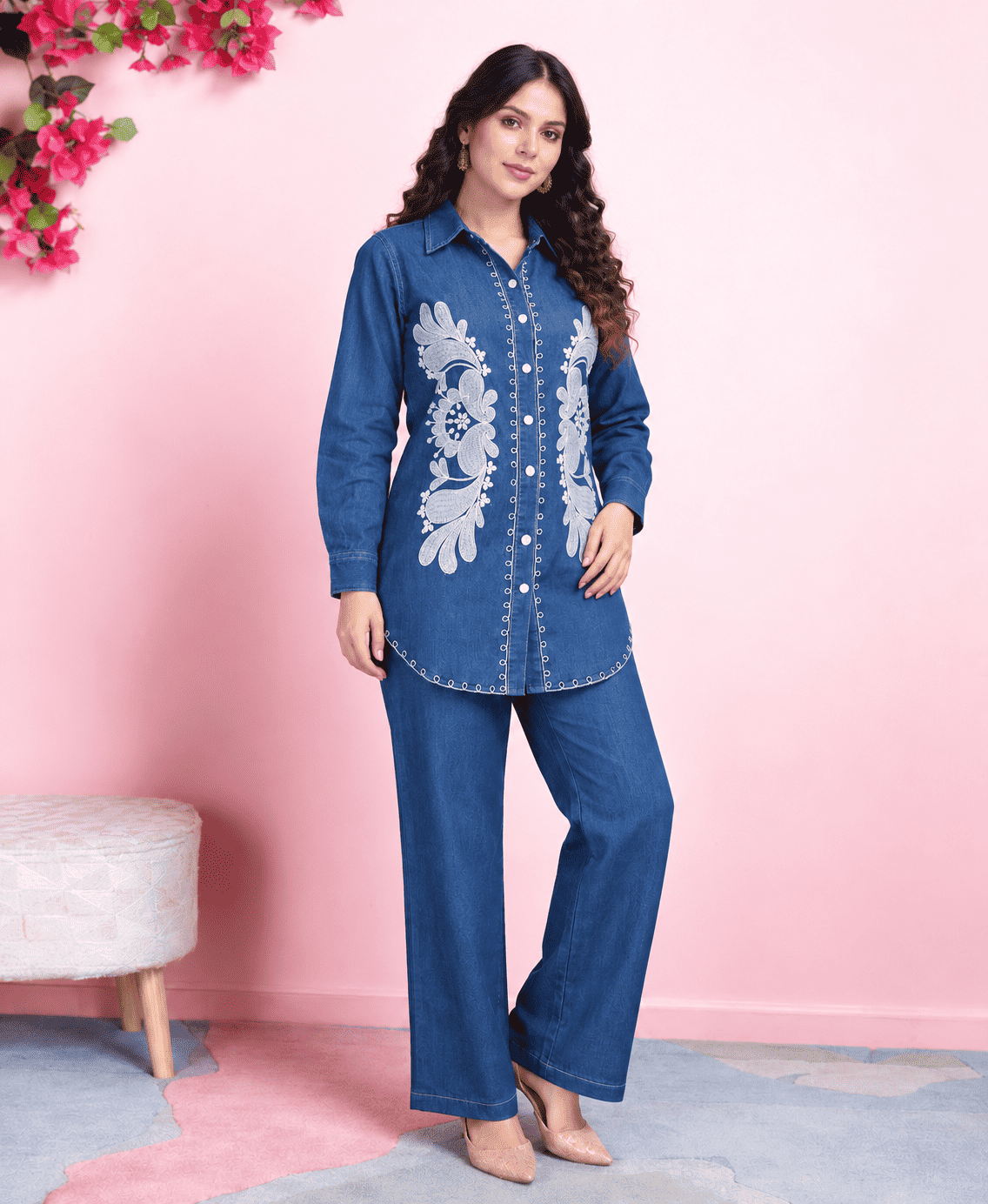 Indigo Blue Embroidered Denim Co-ord Set