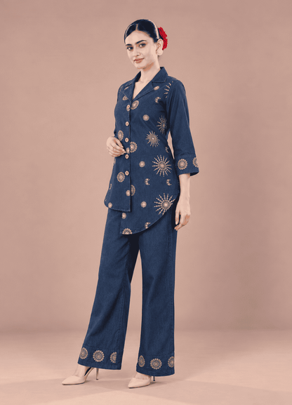 Navy Blue Embroidered Denim Co-ord Set