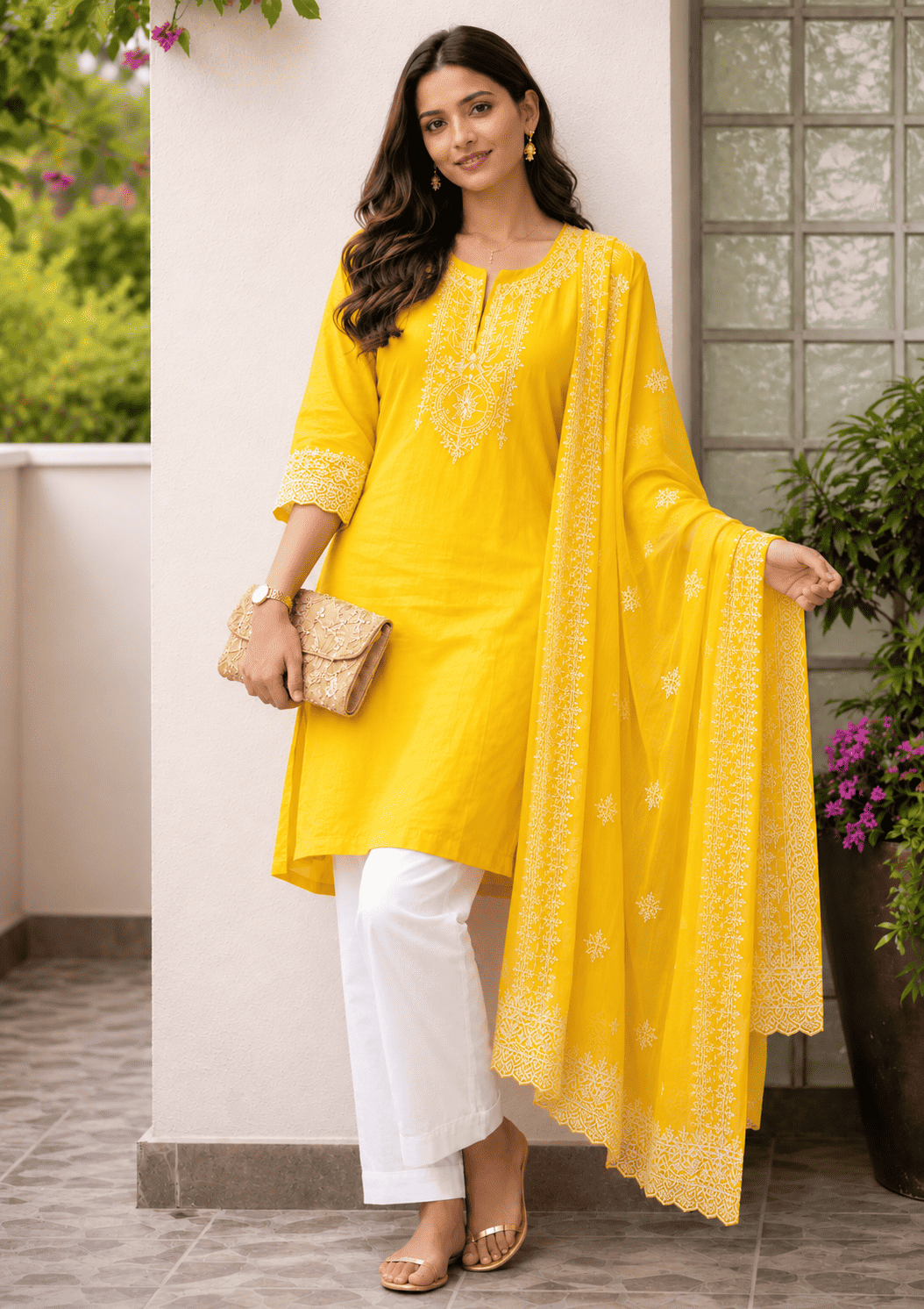 Bright Yellow Embroidered Cotton Kurta Pant Set With Dupatta