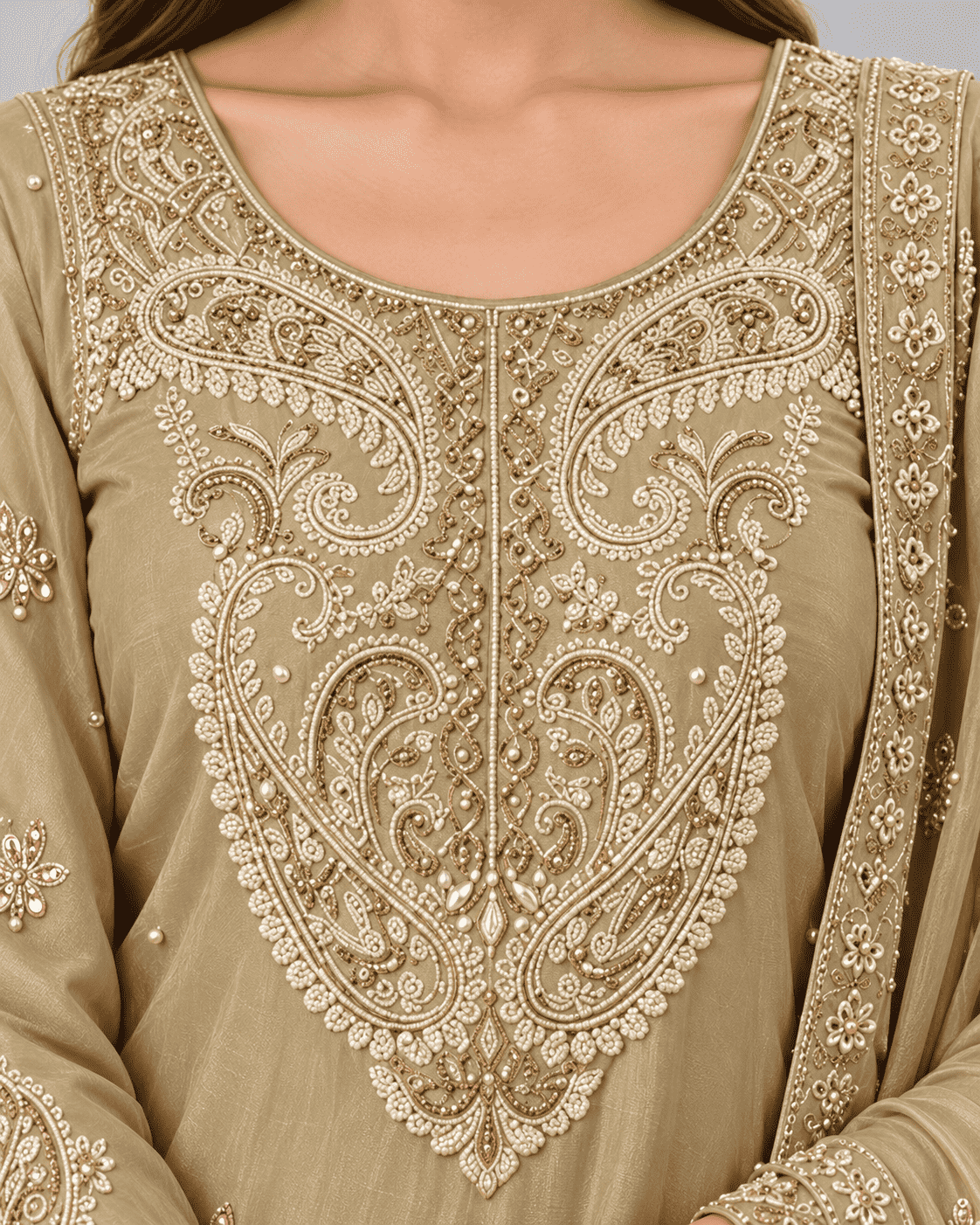 Golden Beige Embroidered Chinon Kurta Gharara and Dupatta Set