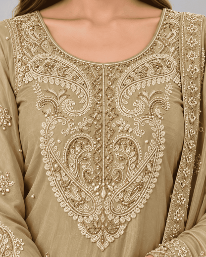 Golden Beige Embroidered Chinon Kurta Gharara and Dupatta Set