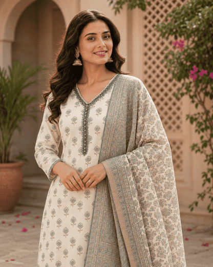 Ivory Cotton Kurta Set With Teal Bagru Print Paired With The Dupatta