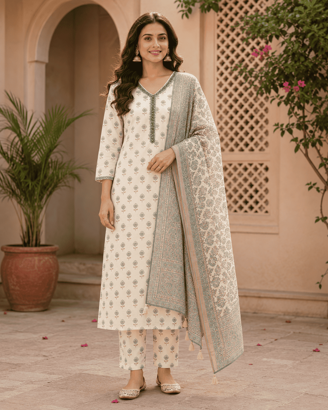 Ivory Cotton Kurta Set With Teal Bagru Print Paired With The Dupatta