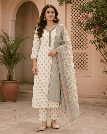 Ivory Cotton Kurta Set With Teal Bagru Print Paired With The Dupatta