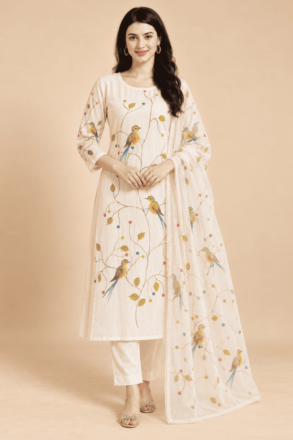Ivory rayon bird print kurta pant with dupatta