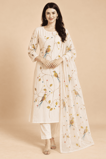 Ivory rayon bird print kurta pant with dupatta